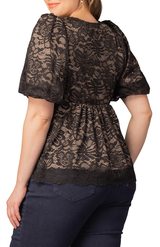 Winsome Sweetheart Lace Peplum Top - Black & Nude - Plus