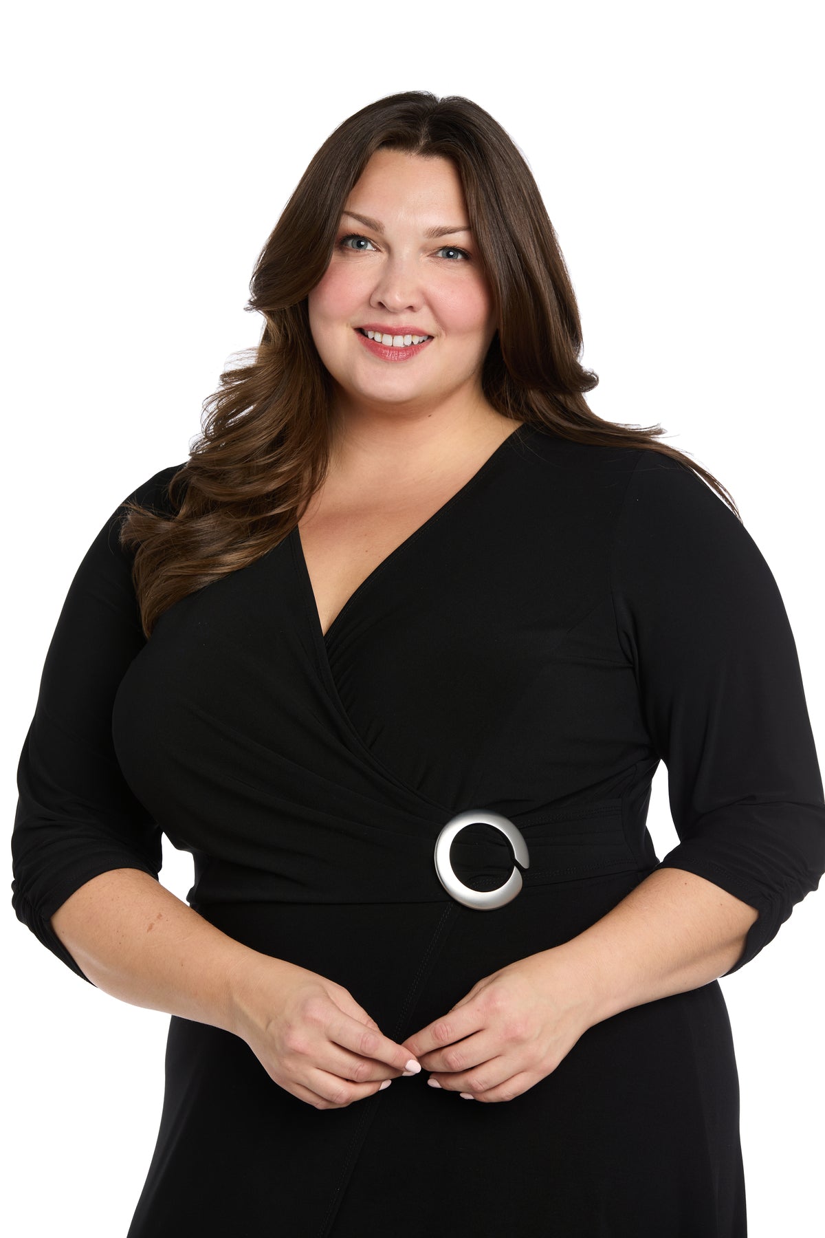 Midi Jersey Faux Wrap with 3/4 Sleeves-Black -Plus