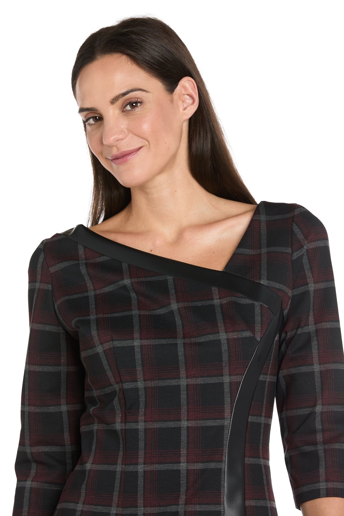 Printed Plaid Ponte Shift Dress with Faux Leather Trim
