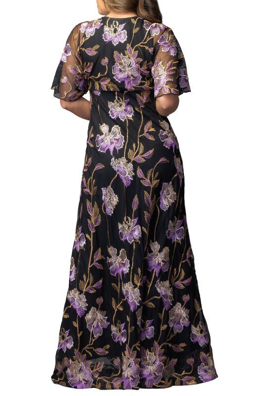 Embroidered Elegance Evening Gown Purple Peonies