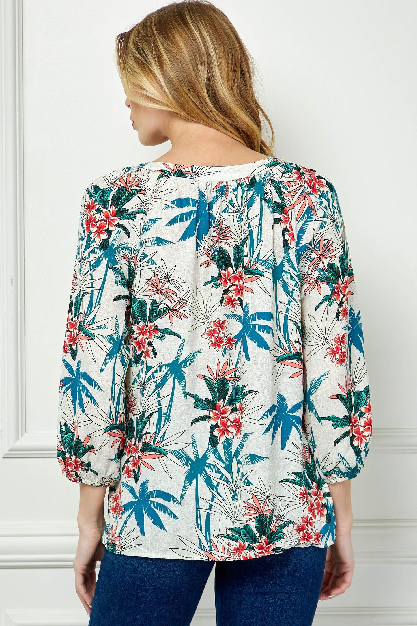 3/4 Sleeve Beaded Tie-Neck Blouse in Tan/Teal/Rust
