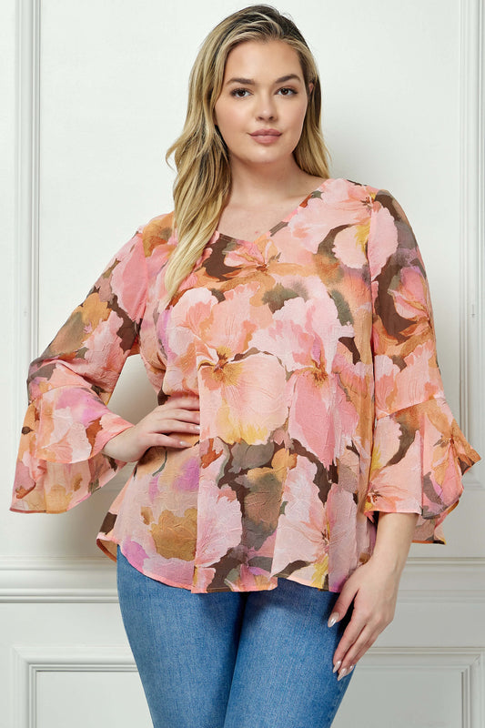 3/4 Ruffle Sleeve V-Neck Swing Blouse in Yellow/Peach/Brown - Plus