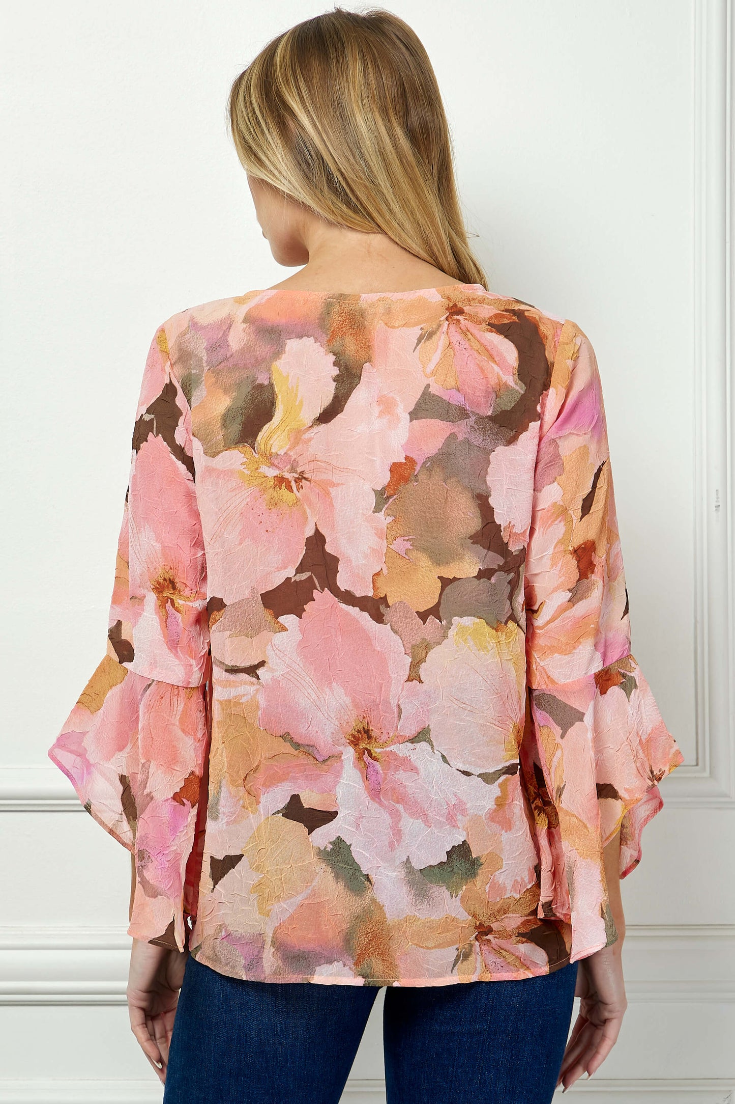 3/4 Ruffle Sleeve V-Neck Swing Blouse in Yellow/Peach/Brown