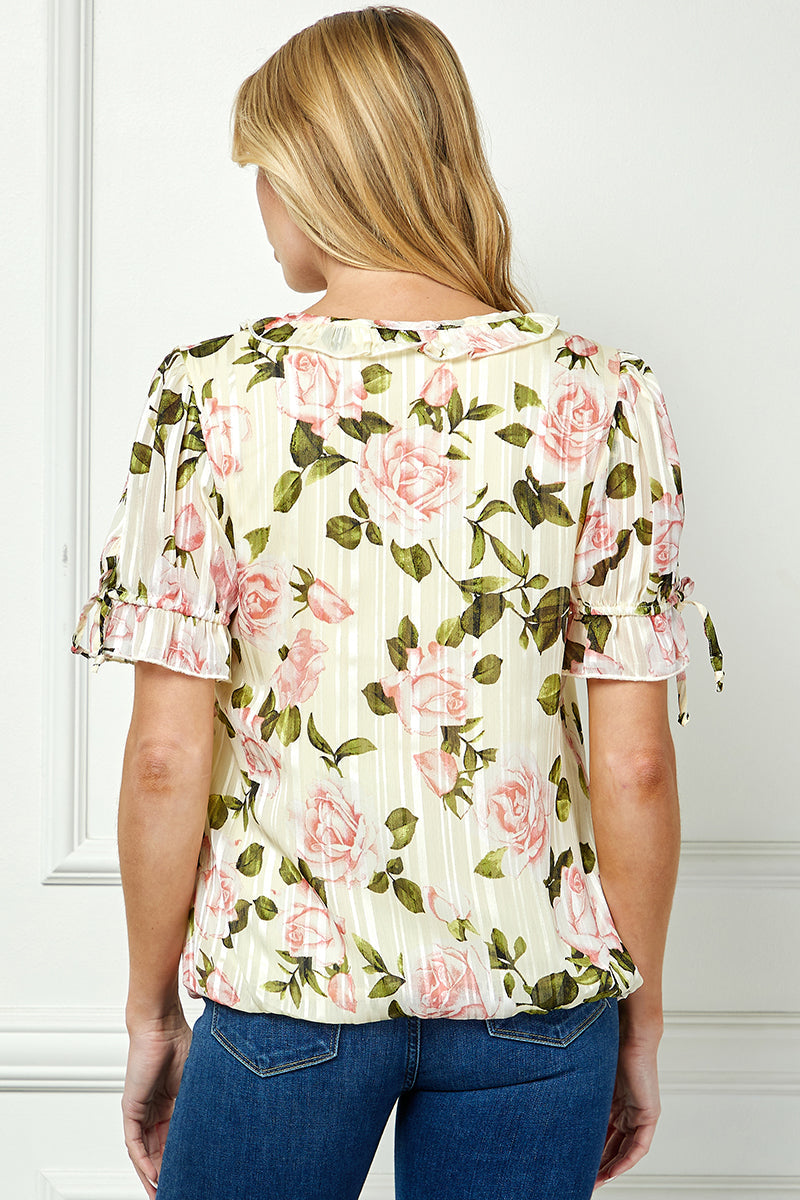 Ruffle Tie Sleeve V-Neck Bubble Blouse in Yellow