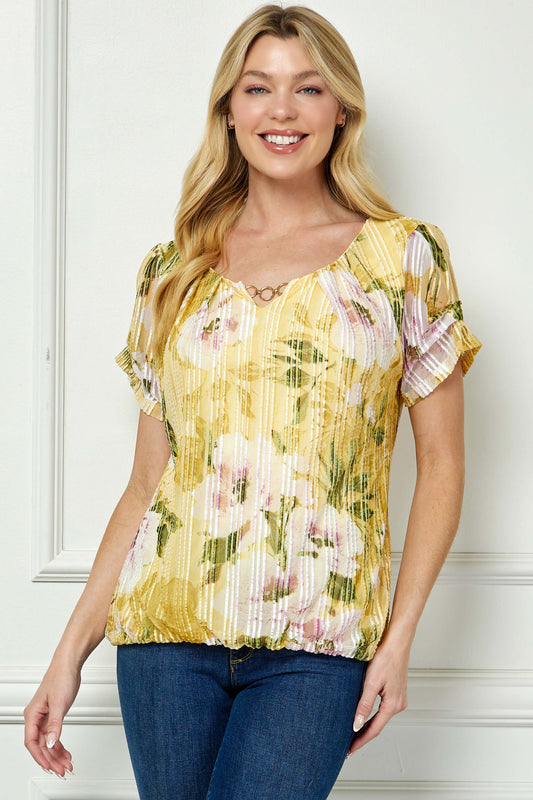 Step Sleeve Cutout Trim Bubble Blouse in Yellow