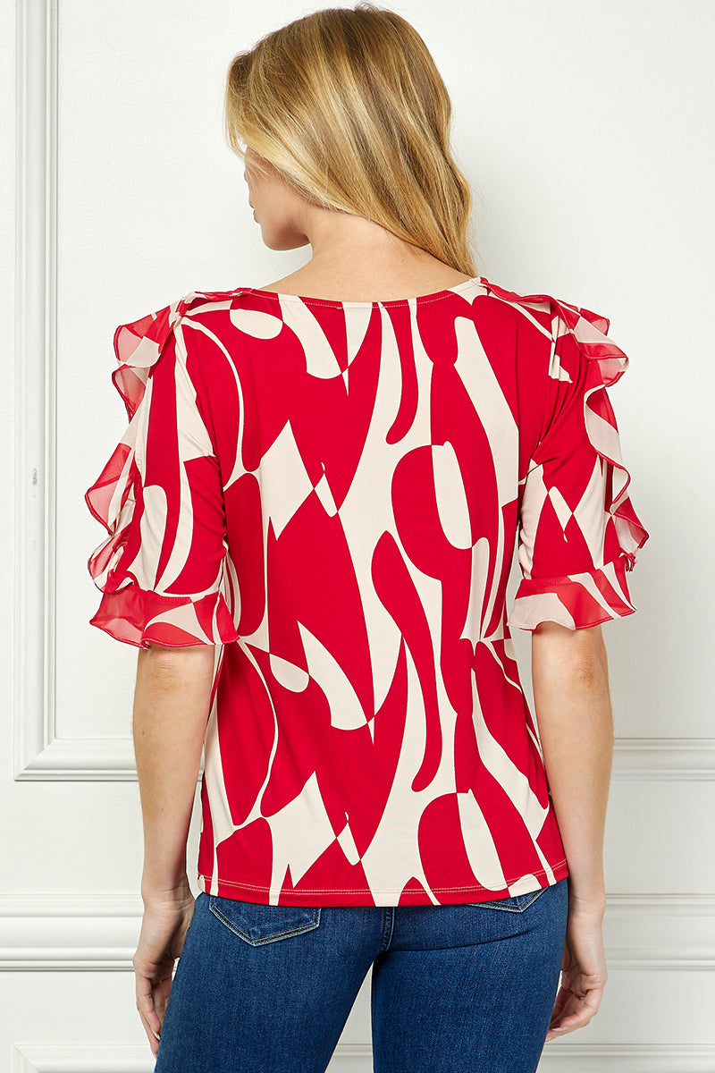 Ruffle Cold Shoulder Boat Neck Blouse in Red/Tan