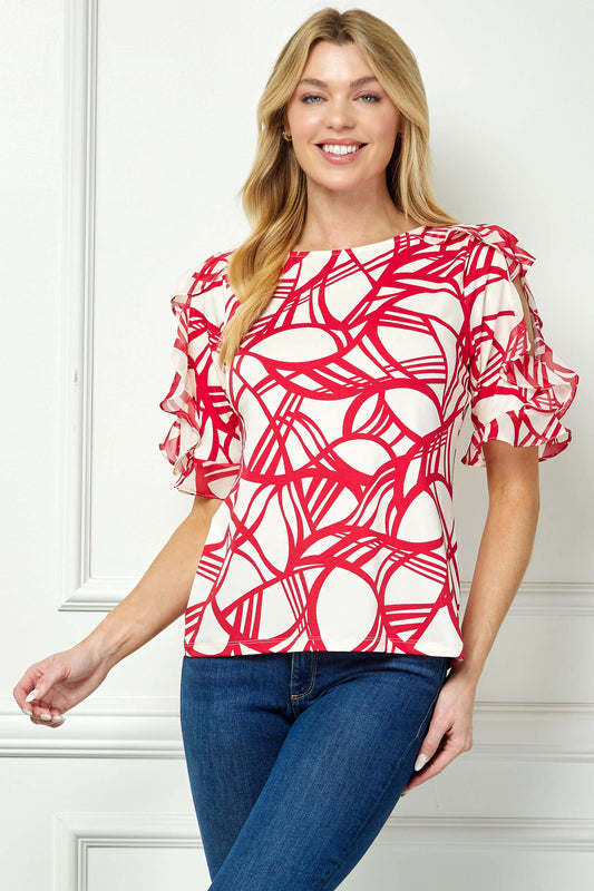 Ruffle Cold Shoulder Boat Neck Blouse in Cream/Red