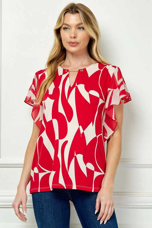 Flutter Sleeve Cutout Neck Blouse with Removable Trim in Red
