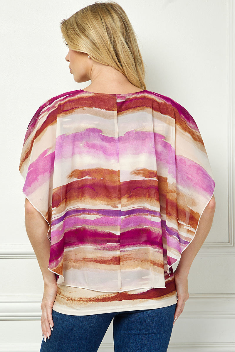 Scoop Neck Cutout Trim Poncho Top in Tan/Purple/Brown