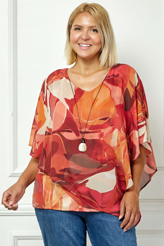Cold Shoulder V-Neck Hanky Hem Poncho Top in Ivory/Marigold/Orange - Plus