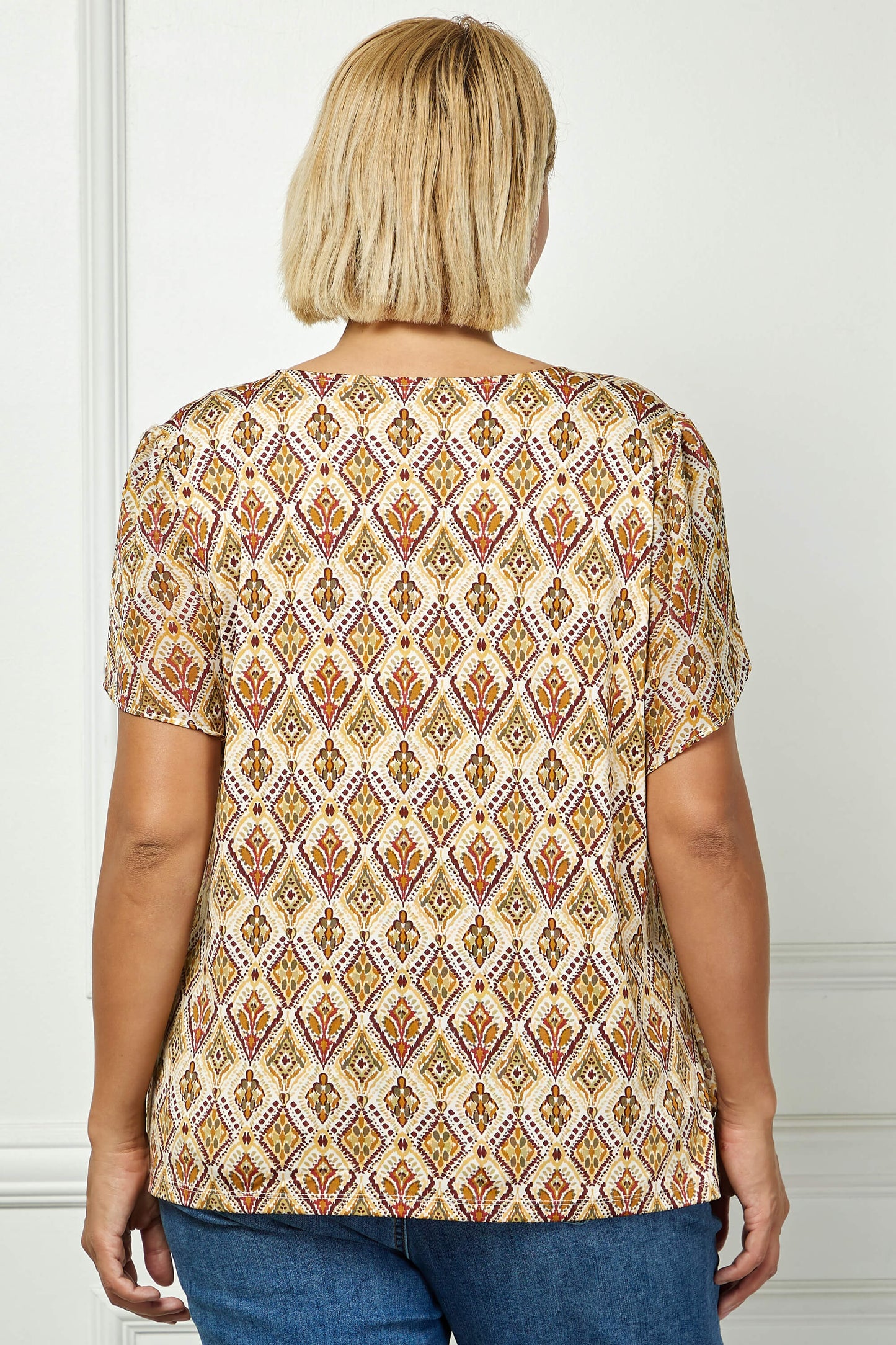 Tulip Sleeve Button-Front V-Neck Blouse in Cream/Olive/Rust - Plus