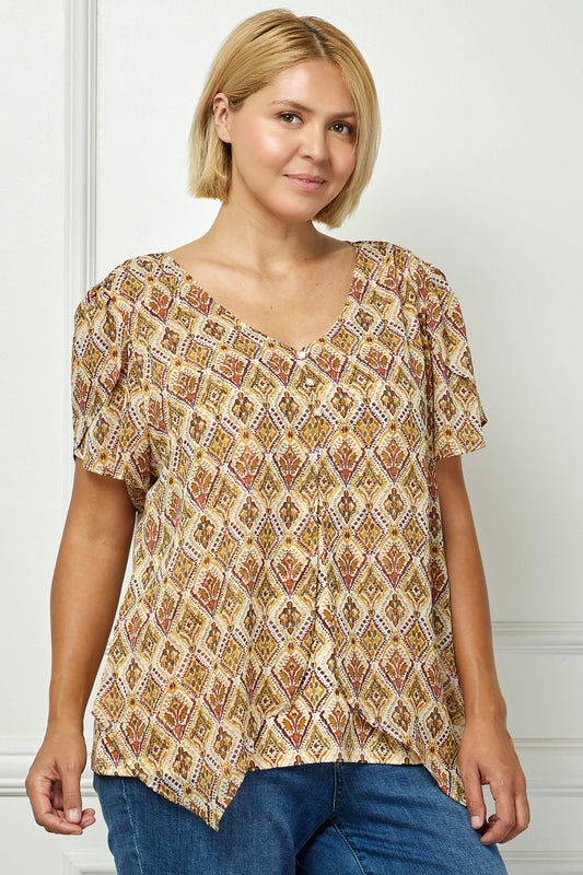 Tulip Sleeve Button-Front V-Neck Blouse in Cream/Olive/Rust - Plus