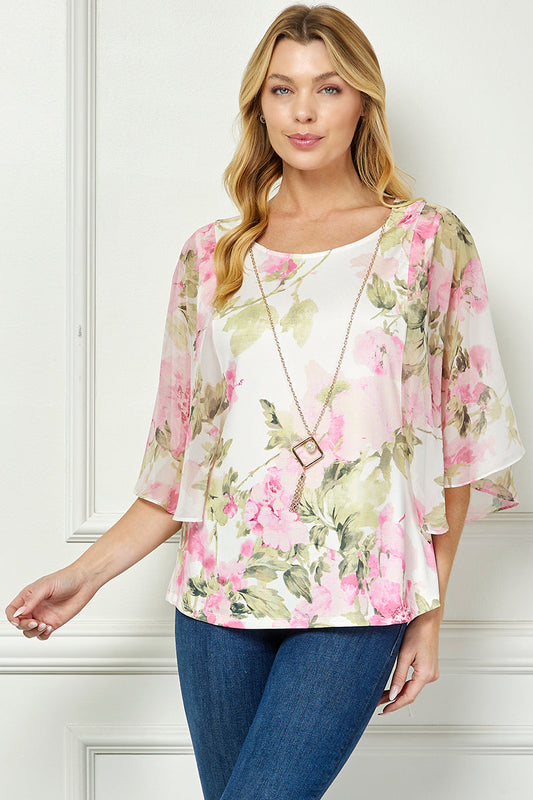 Angel Sleeve Scoop Neck Blouse with Necklace in Pink