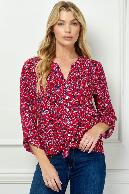 3/4 Button Tab Sleeve Pintuck Tie Front Blouse in Red