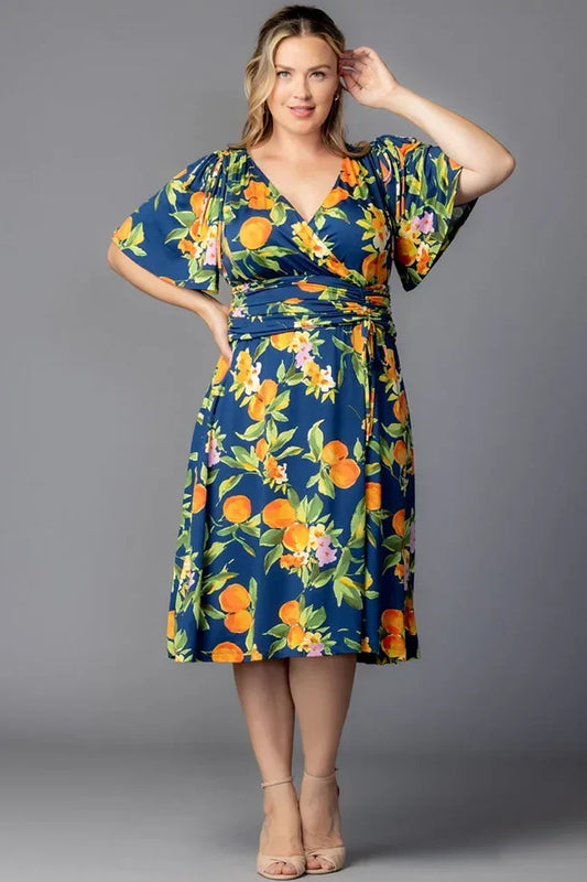 Jemma Ruched Tie Dress - Navy Citrus - Plus