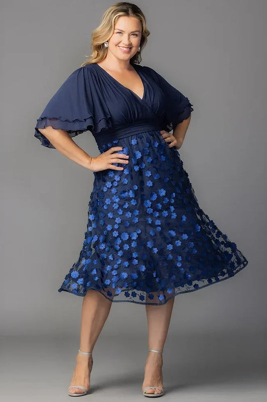 Pretty Petals Mesh Cocktail Dress - Navy Blossoms - Plus