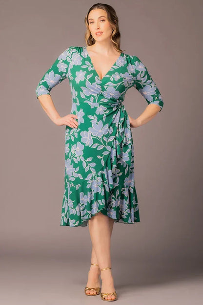 Flirty Flounce Wrap Dress Green & Blue Florals - Plus