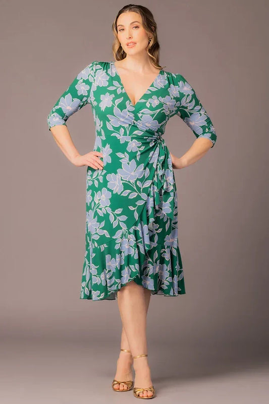 Flirty Flounce Wrap Dress Green & Blue Florals - Plus