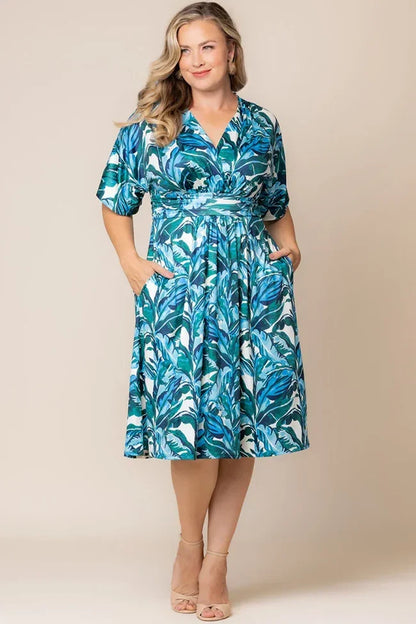 Gia Midi Dress - Teal Palm Print - Plus