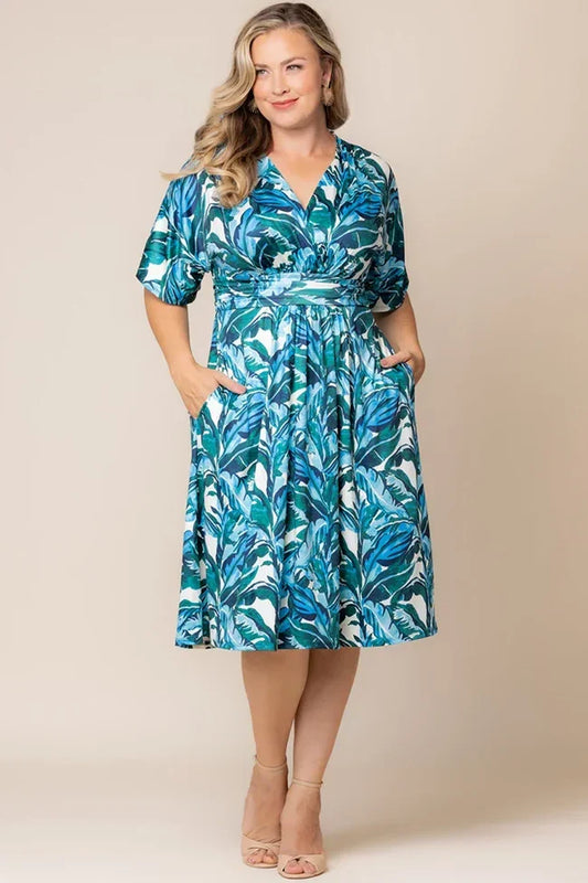 Gia Midi Dress - Teal Palm Print - Plus