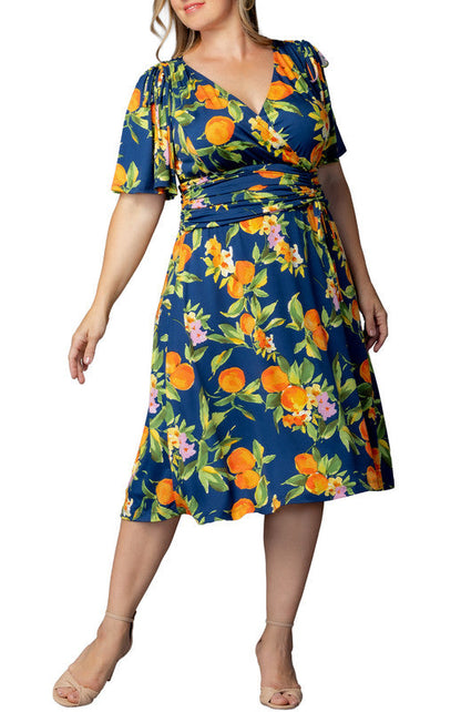 Jemma Ruched Tie Dress - Navy Citrus - Plus