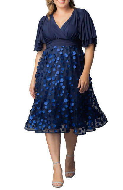 Pretty Petals Mesh Cocktail Dress - Navy Blossoms - Plus