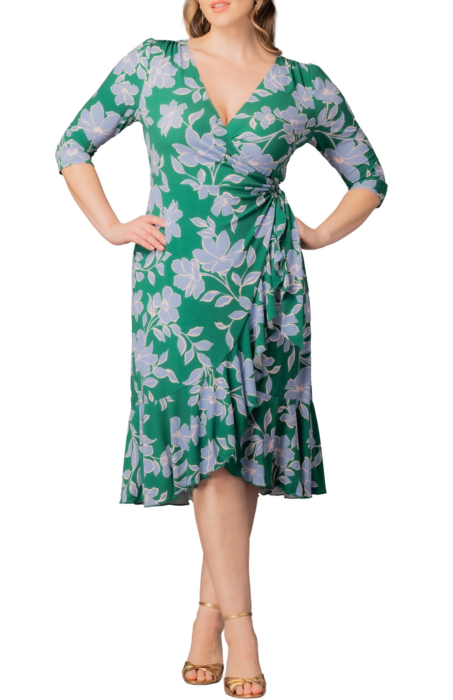 Flirty Flounce Wrap Dress Green & Blue Florals - Plus