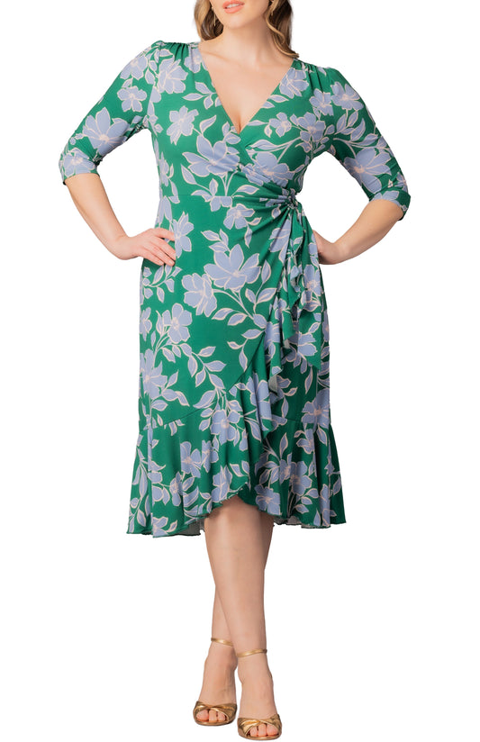 Flirty Flounce Wrap Dress Green & Blue Florals - Plus