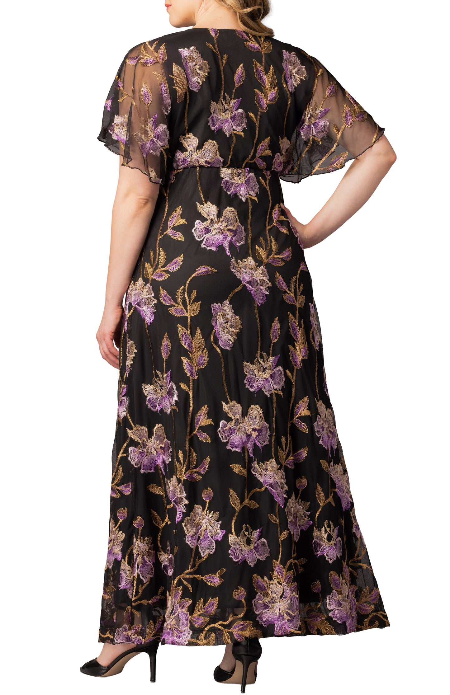 Embroidered Elegance Evening Gown Purple Peonies - Plus