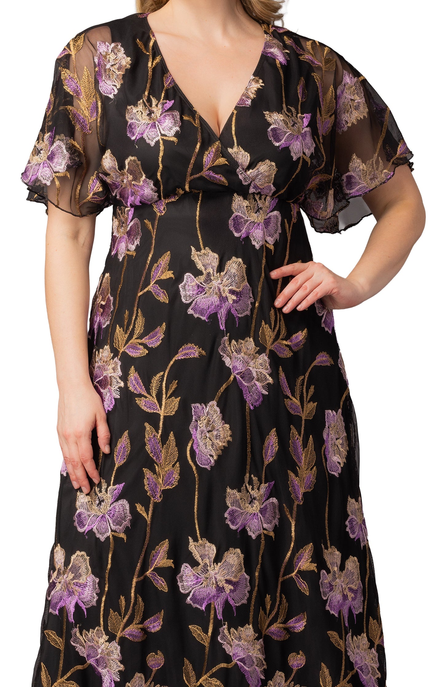 Embroidered Elegance Evening Gown Purple Peonies - Plus
