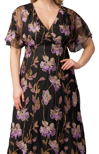 Embroidered Elegance Evening Gown Purple Peonies - Plus