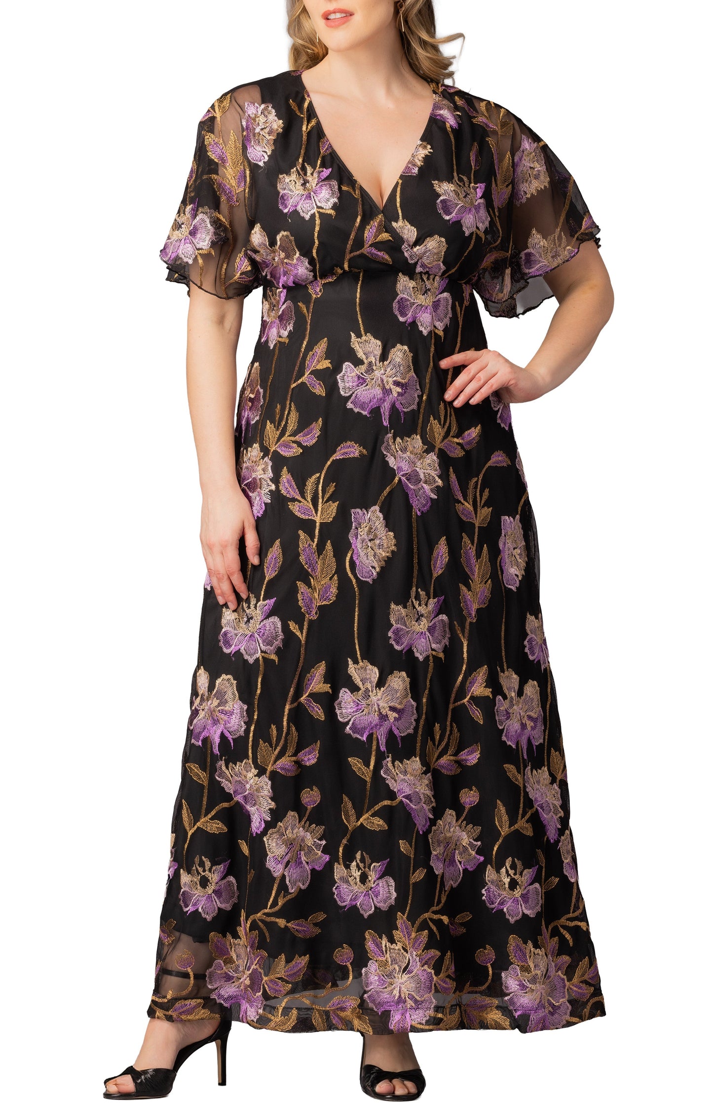 Embroidered Elegance Evening Gown Purple Peonies - Plus