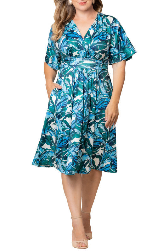 Gia Midi Dress - Teal Palm Print - Plus