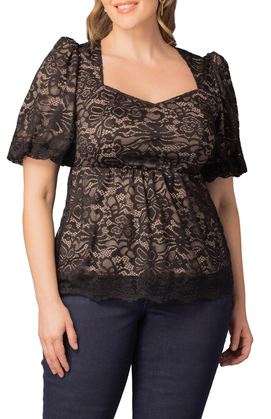 Winsome Sweetheart Lace Peplum Top - Black & Nude - Plus