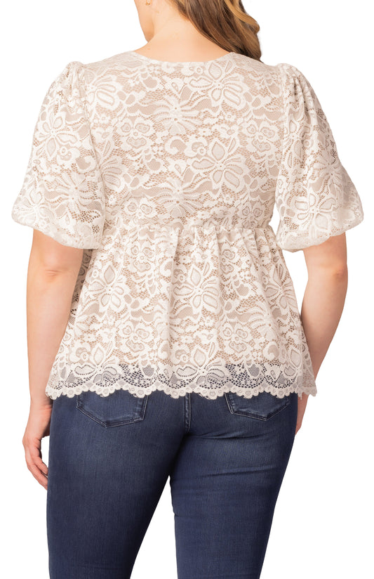 Winsome Sweetheart Lace Peplum Top - Ivory & Nude - Plus