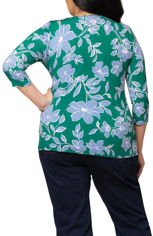 Femme Fatale Faux Wrap Top - Green & Blue Floral - Plus