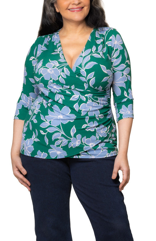 Femme Fatale Faux Wrap Top - Green & Blue Floral - Plus