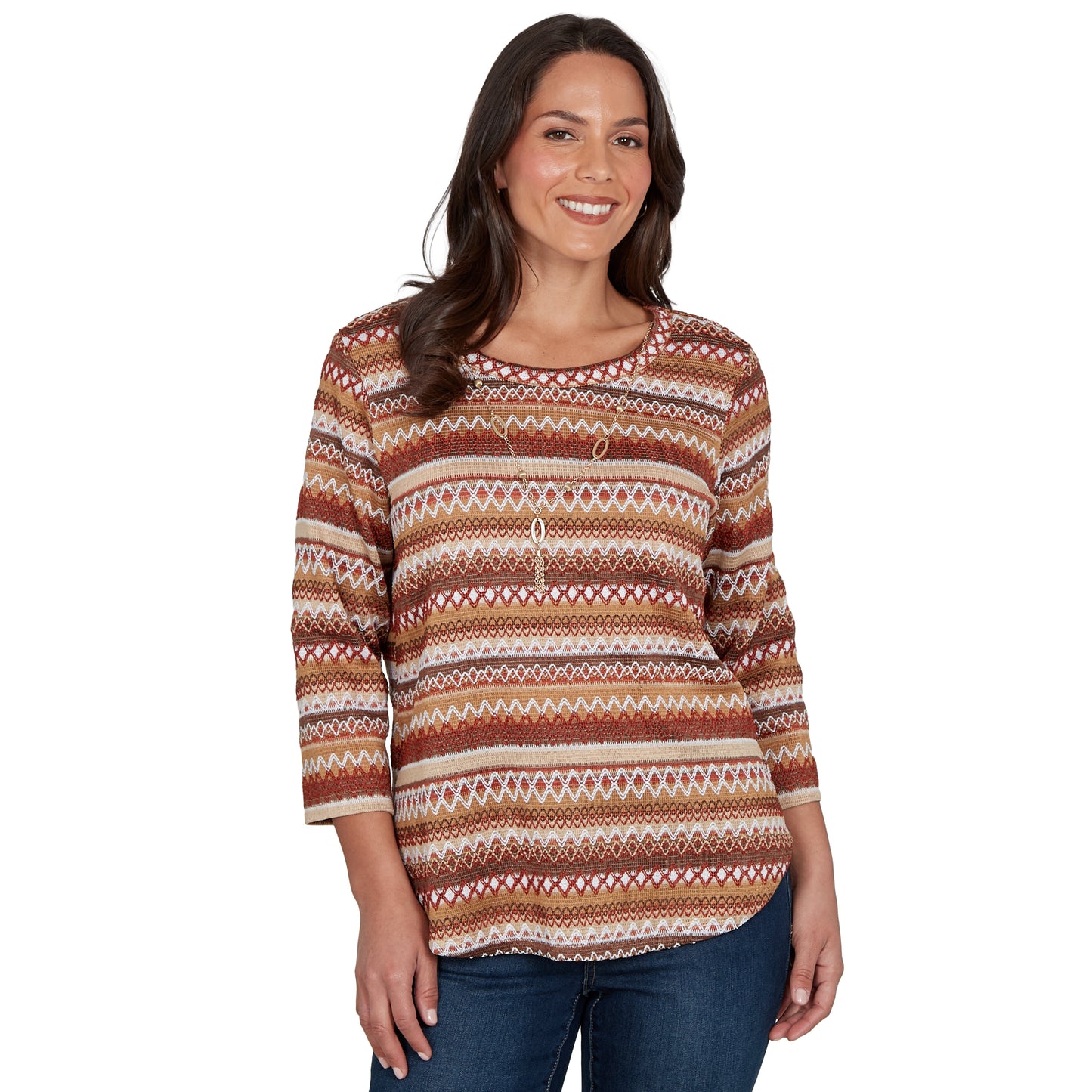 Alfred Dunner Textured Stripe Knit Top with Necklace - Tan