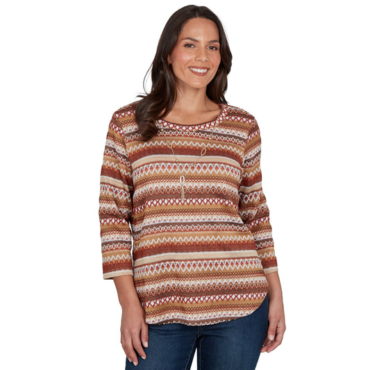 Alfred Dunner Textured Stripe Knit Top with Necklace - Tan