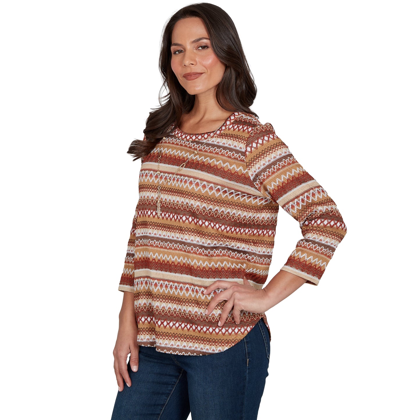 Alfred Dunner Textured Stripe Knit Top with Necklace - Tan