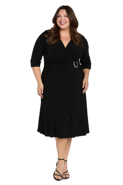 Midi Jersey Faux Wrap with 3/4 Sleeves-Black -Plus