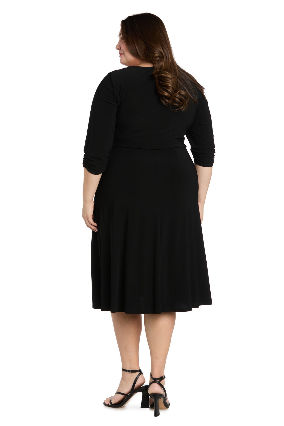 Midi Jersey Faux Wrap with 3/4 Sleeves-Black -Plus
