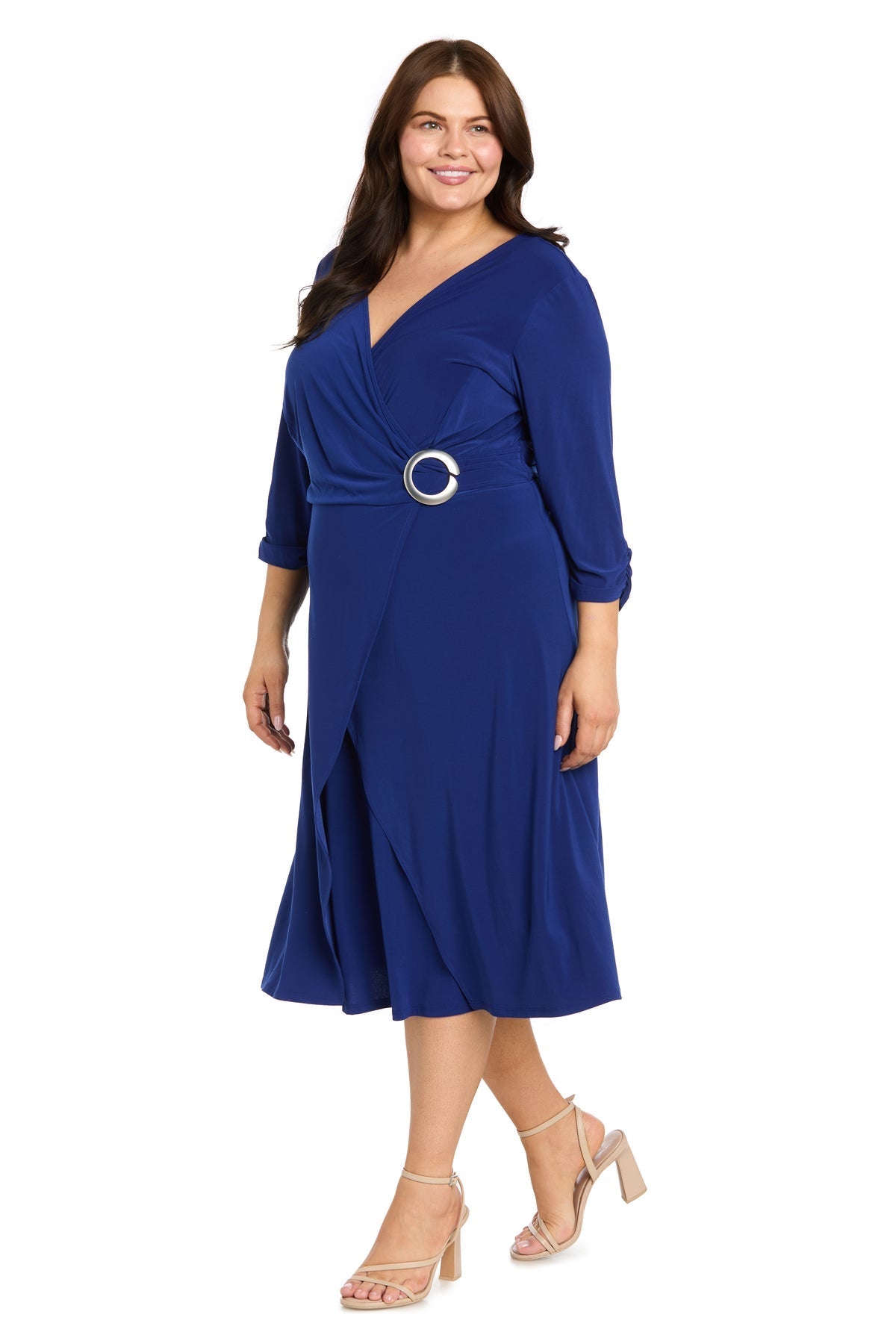 Midi Jersey Faux Wrap with 3/4 Sleeves - Indigo - Plus