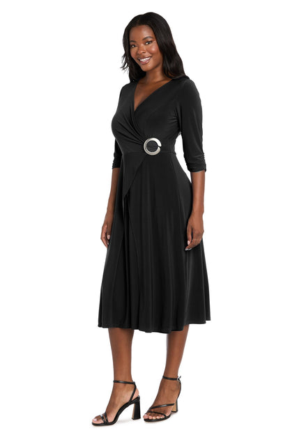 Midi Jersey Faux Wrap with 3/4 Sleeves - Black