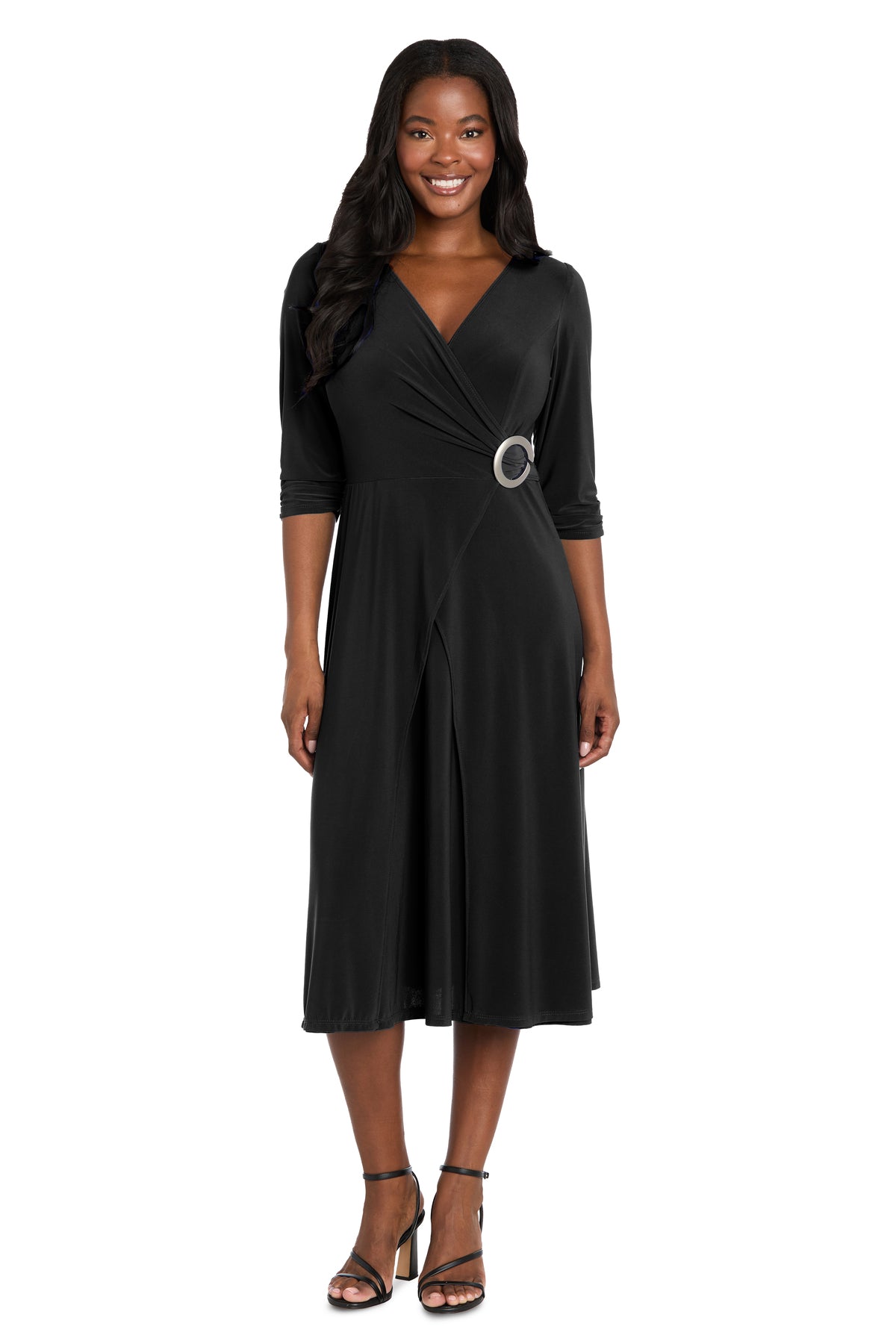 Midi Jersey Faux Wrap with 3/4 Sleeves - Black