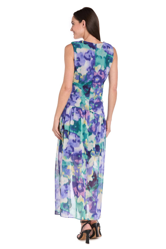Printed Surplice Dress with Hi-Low Hem, Blue/Multi