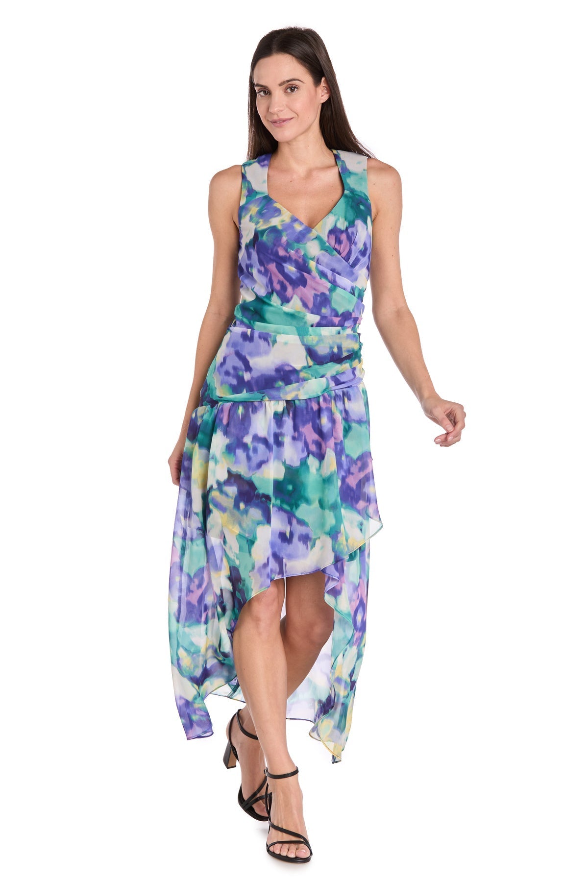 Printed Surplice Dress with Hi-Low Hem, Blue/Multi