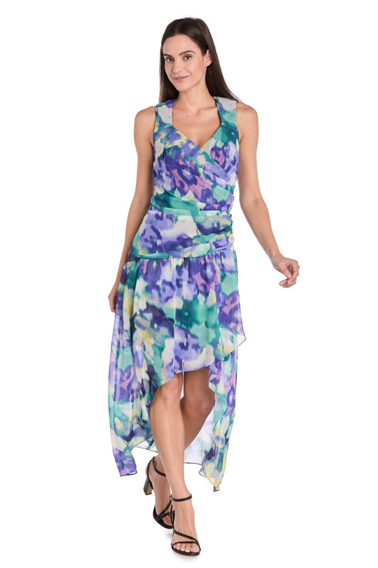 Printed Surplice Dress with Hi-Low Hem, Blue/Multi