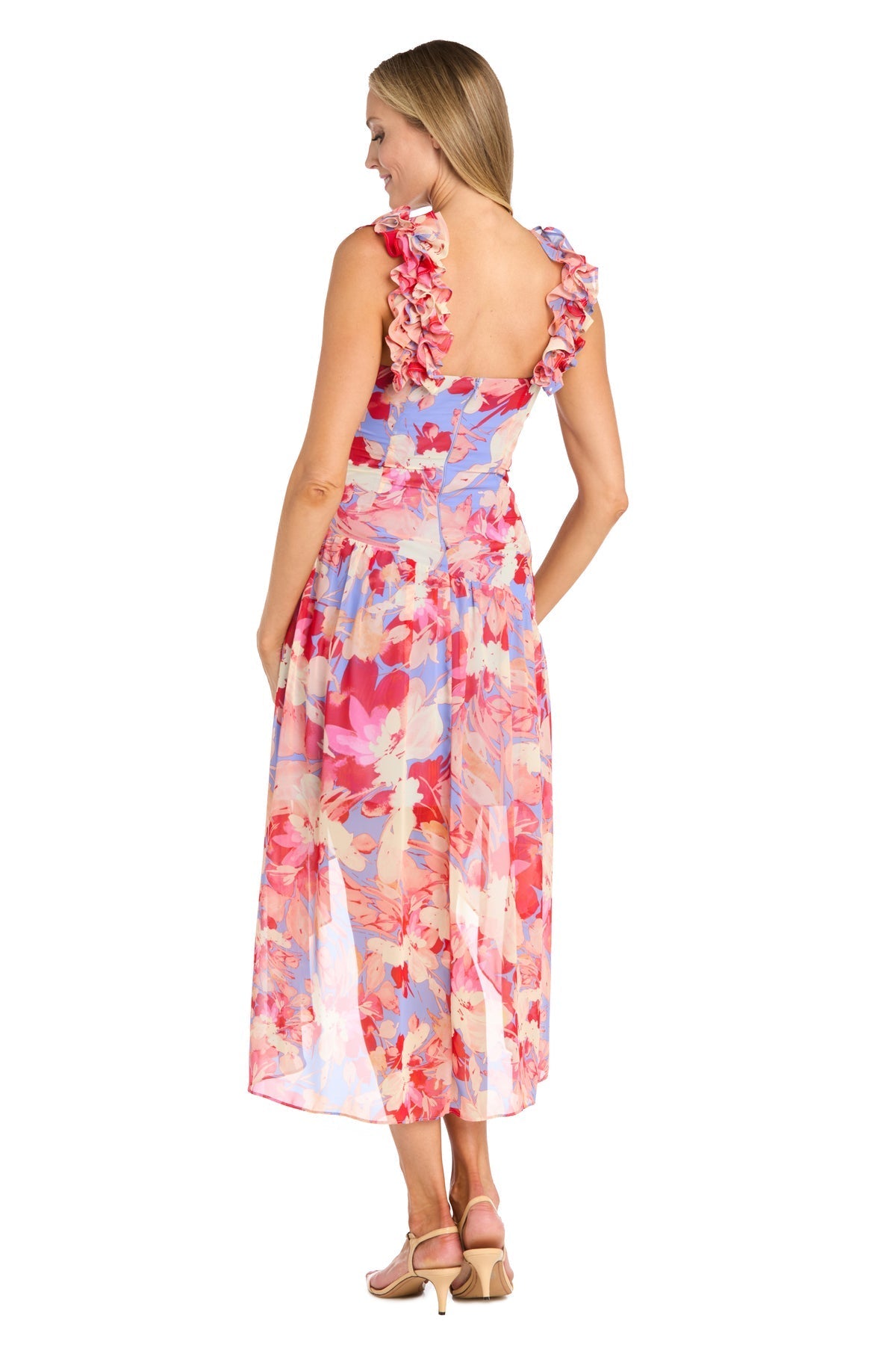 Printed Surplice Dress with Hi-Low Hem, Coral/Multi