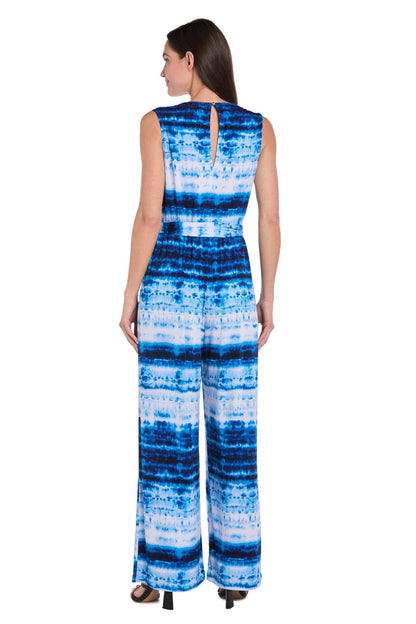Printed Surplice Jumpsuit with Self Belt, Blue